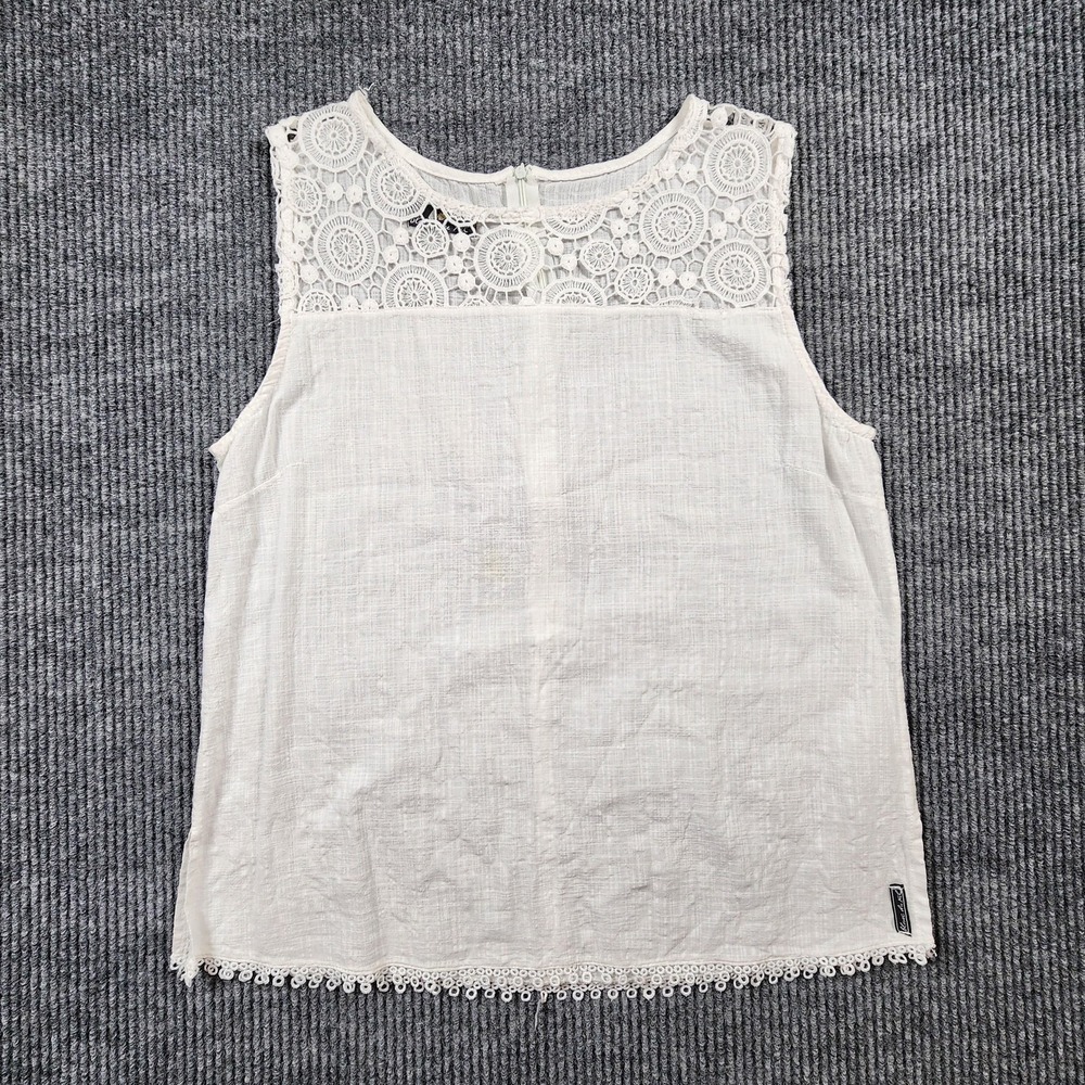 Blanc Du Nil Crochet Tank Top Womens Med White Lace Trim Zip Back Cotton Summer